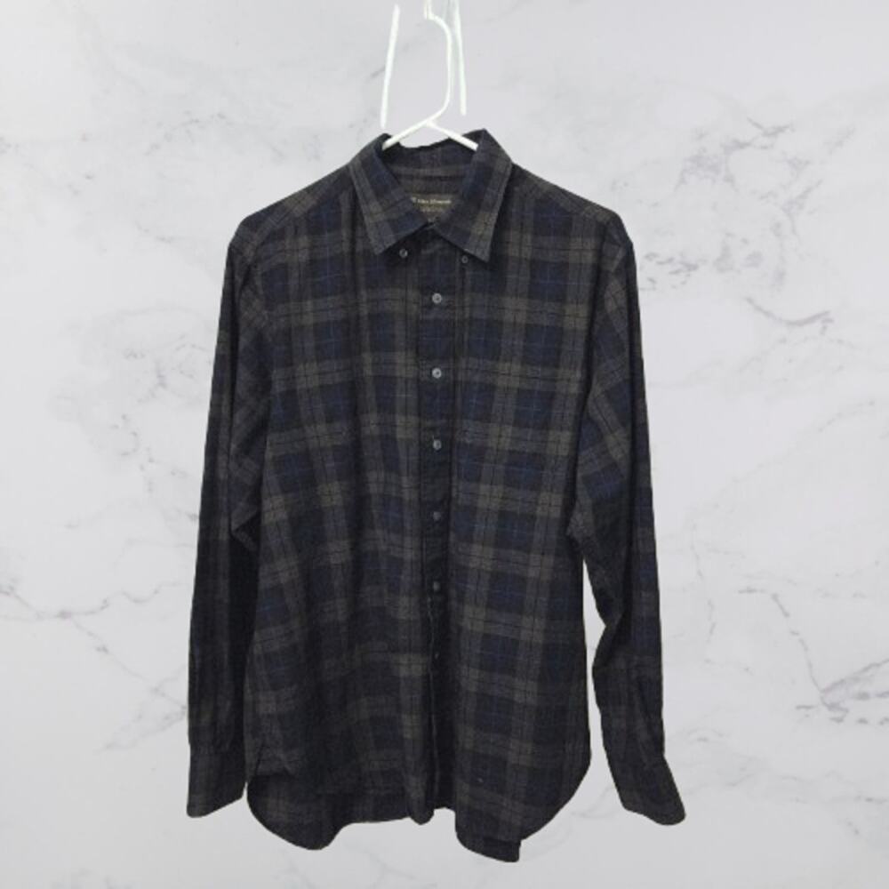 Allen Edmonds Button Down 100% Cotton Made in USA Large Navy/Plaid